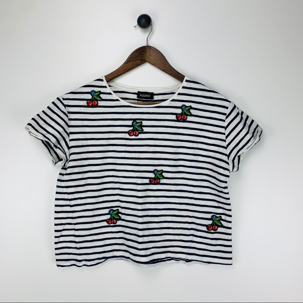 Kookai White & Black Striped Cherry Patch Short Sleeve Tee